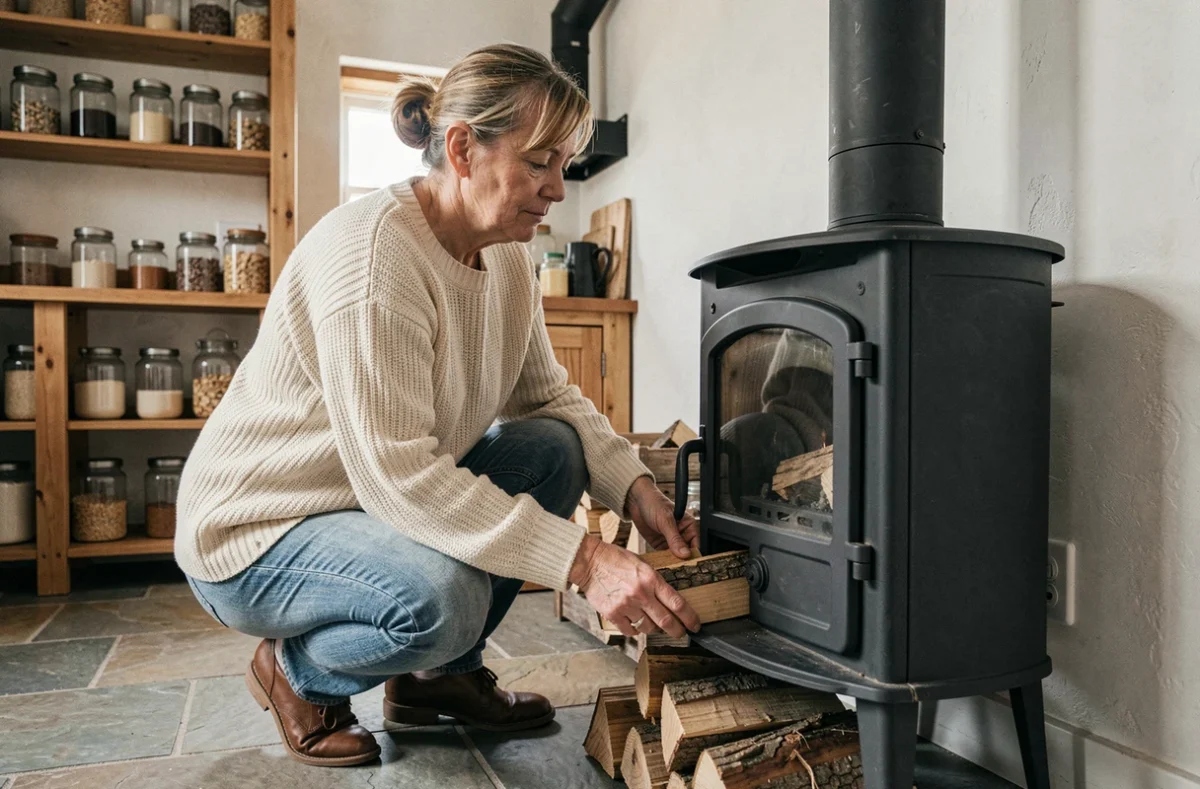 Femme chargeant du bois dans un poêle à bois certifié écologique dans une cuisine rustique aux sols en pierre