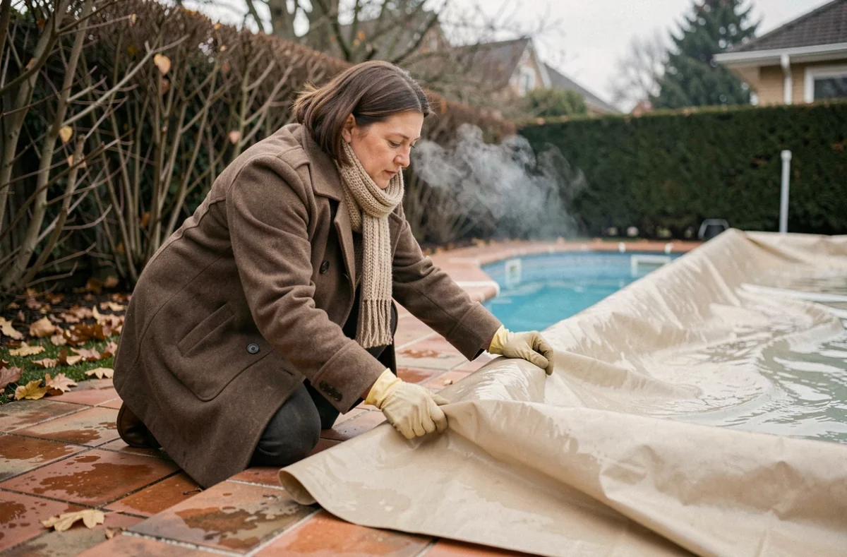 Femme ajustant une couverture de piscine thermique à bulles en automne dans un jardin résidentiel