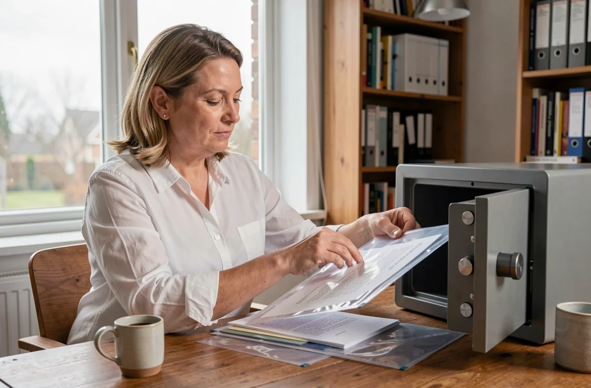 Femme protégeant ses papiers importants dans des pochettes archivistiques avant de les stocker dans un coffre-fort