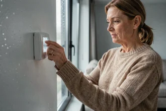 Femme réglant un thermostat mural pour réduire l'humidité dans un appartement moderne