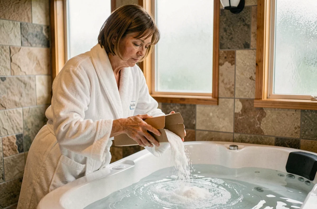 Femme en peignoir blanc versant du bicarbonate de soude dans un spa intérieur avec carrelage en pierre