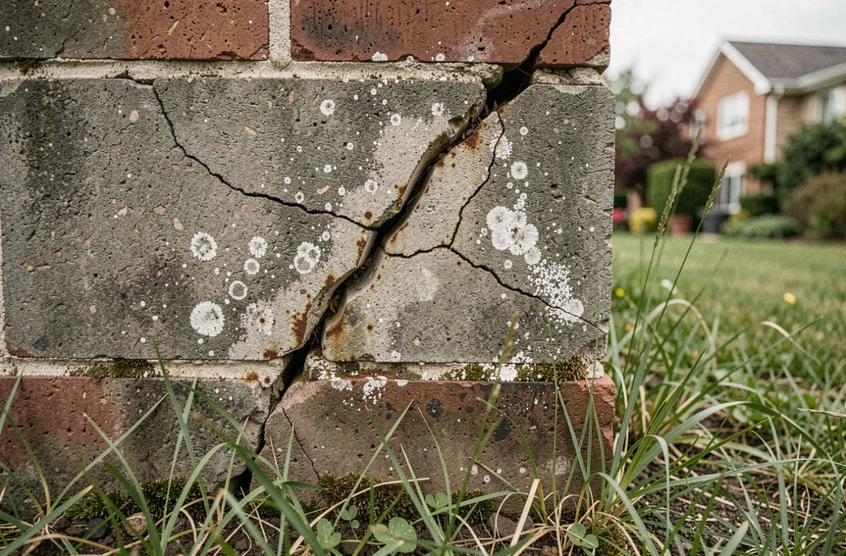 Fissures diagonales et efflorescence sur un mur de fondation en béton révélant des problèmes structurels