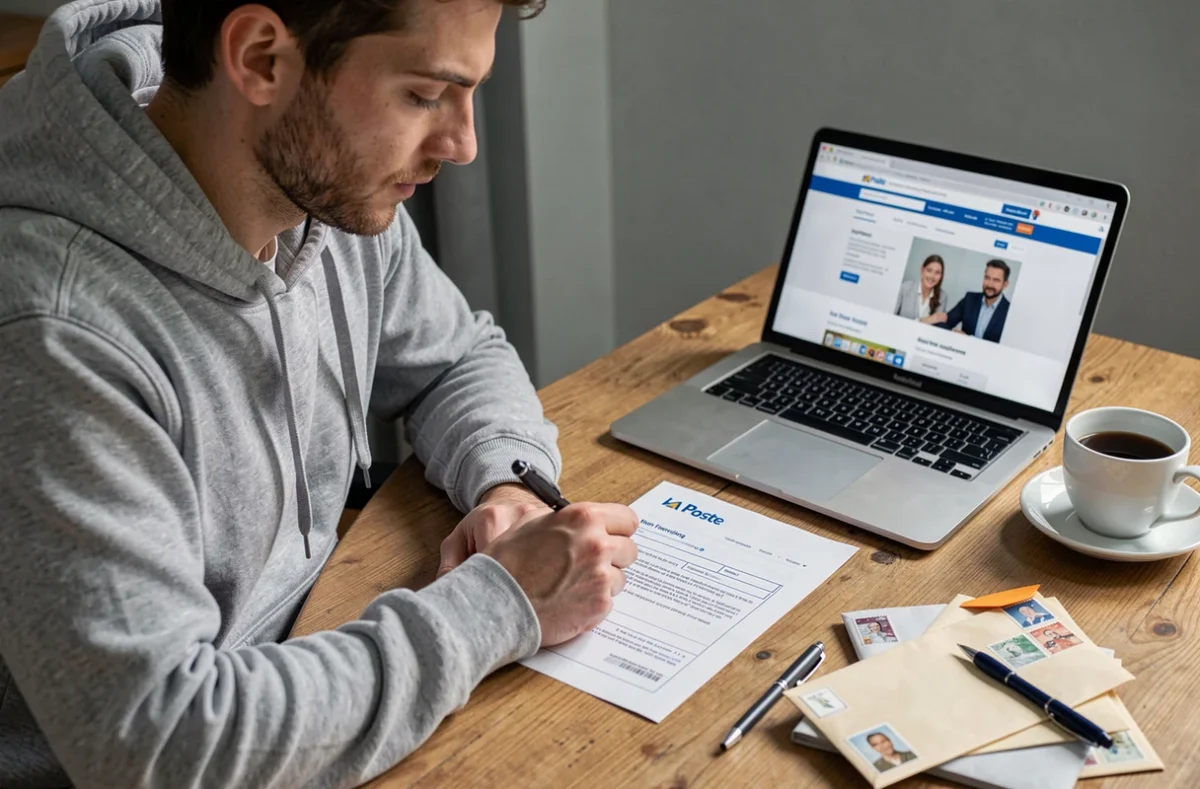 Un homme remplit un formulaire de réexpédition de courrier à son bureau à domicile avec le site de La Poste ouvert sur son ordinateur