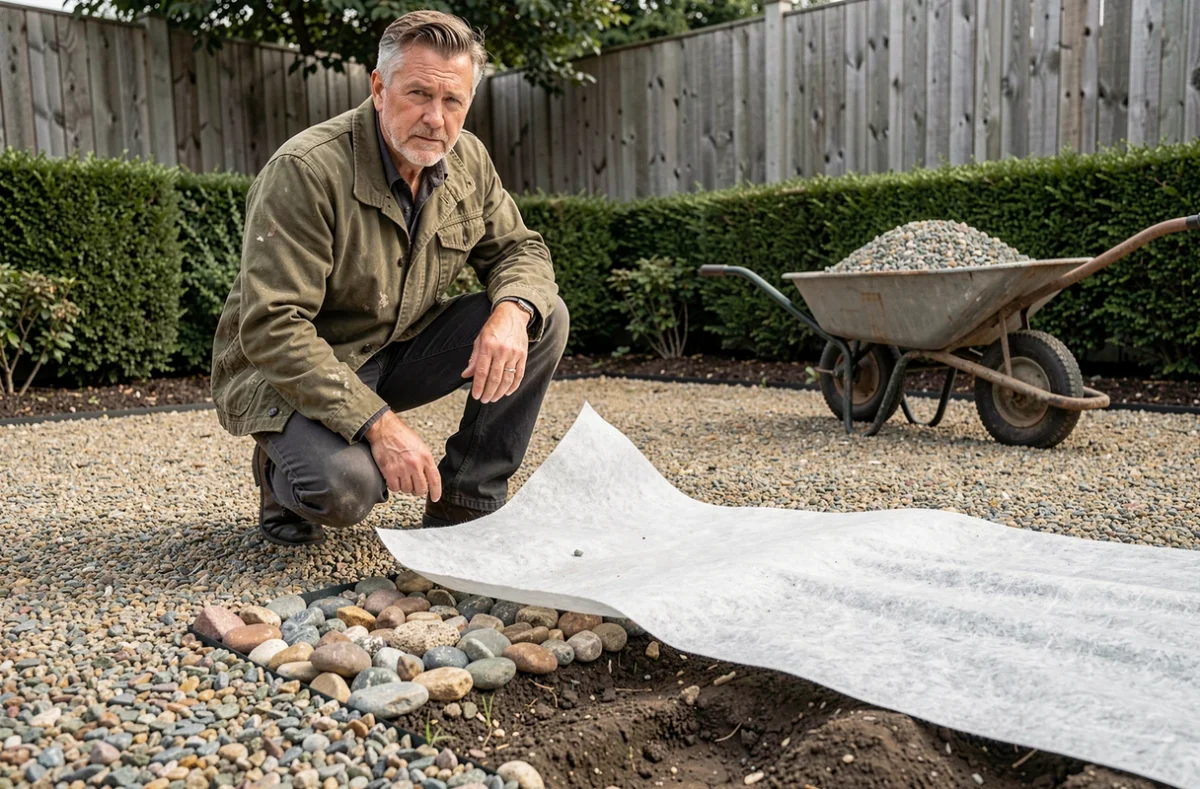 Géotextile non-tissé installé sous gravier dans une allée de jardin pour bloquer les mauvaises herbes