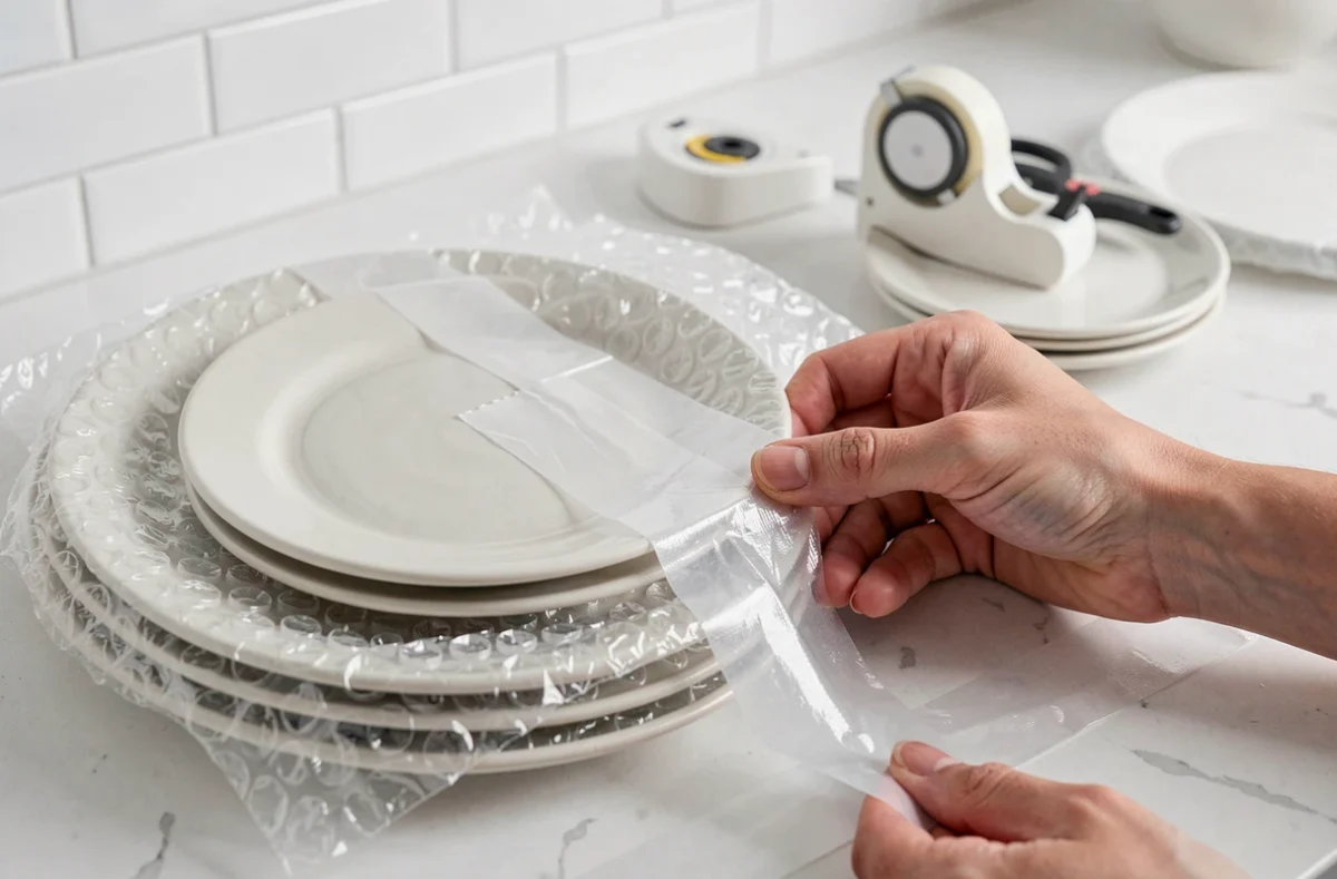 Gros plan sur des mains qui emballent des assiettes en céramique avec du papier bulle et du ruban adhésif sur un plan de travail blanc