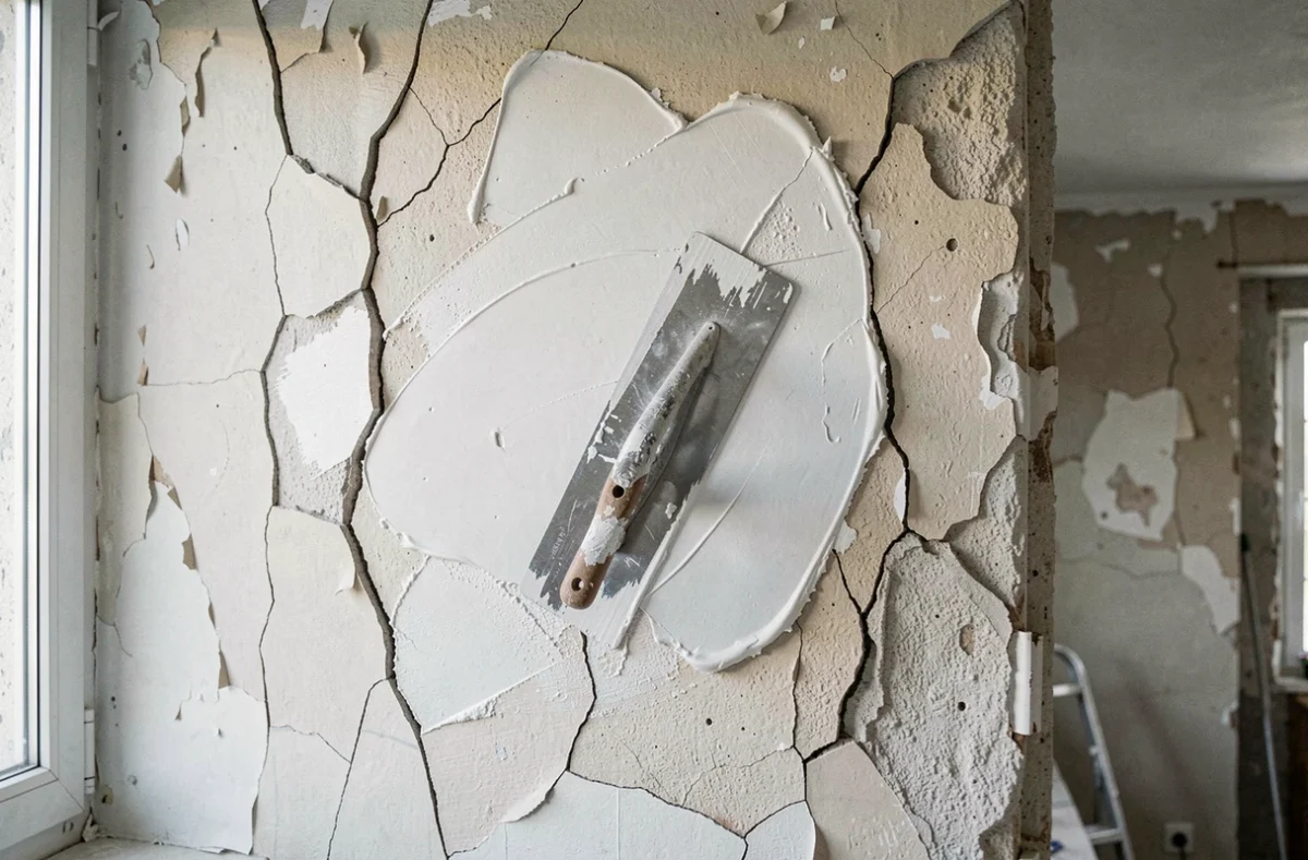 Gros plan sur un mur fissuré et abîmé en cours de réparation avec de l'enduit de lissage blanc appliqué à la taloche