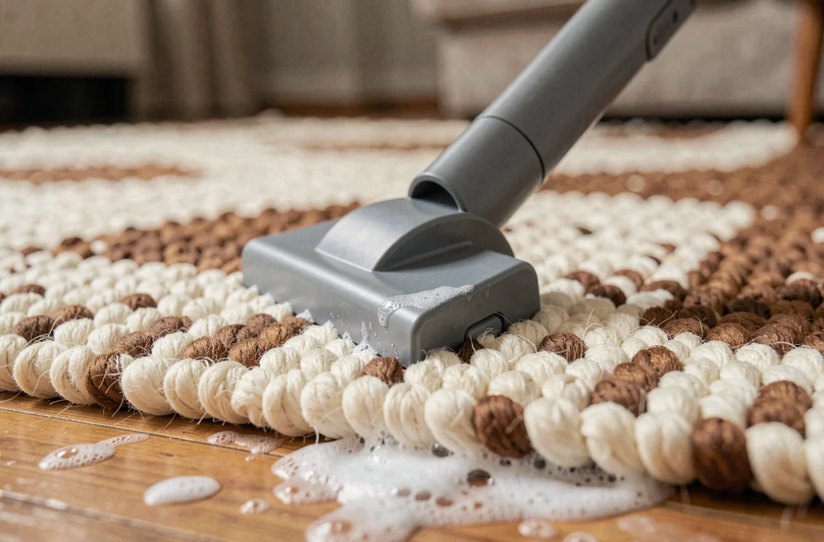 Gros plan de la tête d'aspiration Rug Doctor sur les fibres en boucles d'un tapis berbère