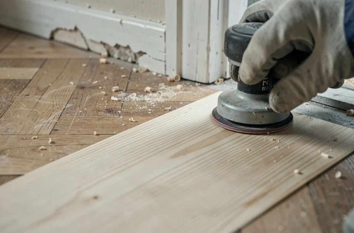 Gros plan sur un parquet en pin en cours de ponçage avec une ponceuse d'angle et sciure de bois