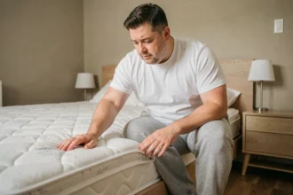 Homme corpulent assis sur le bord d'un matelas ferme pour tester son soutien, dans une chambre moderne et épurée