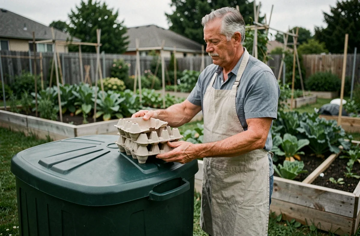 Homme tenant des boîtes d'œufs en carton déchirées devant un composteur rotatif vert dans un jardin potager