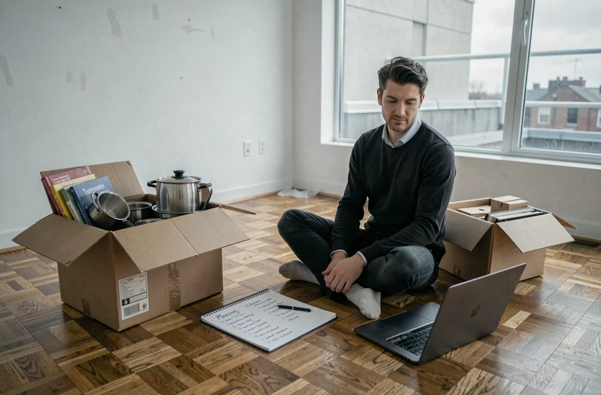 Homme consultant une checklist de déménagement assis sur le sol d'un appartement vide