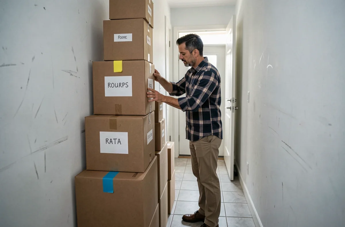 Homme empilant des cartons étiquetés dans le couloir d'un appartement pendant un déménagement