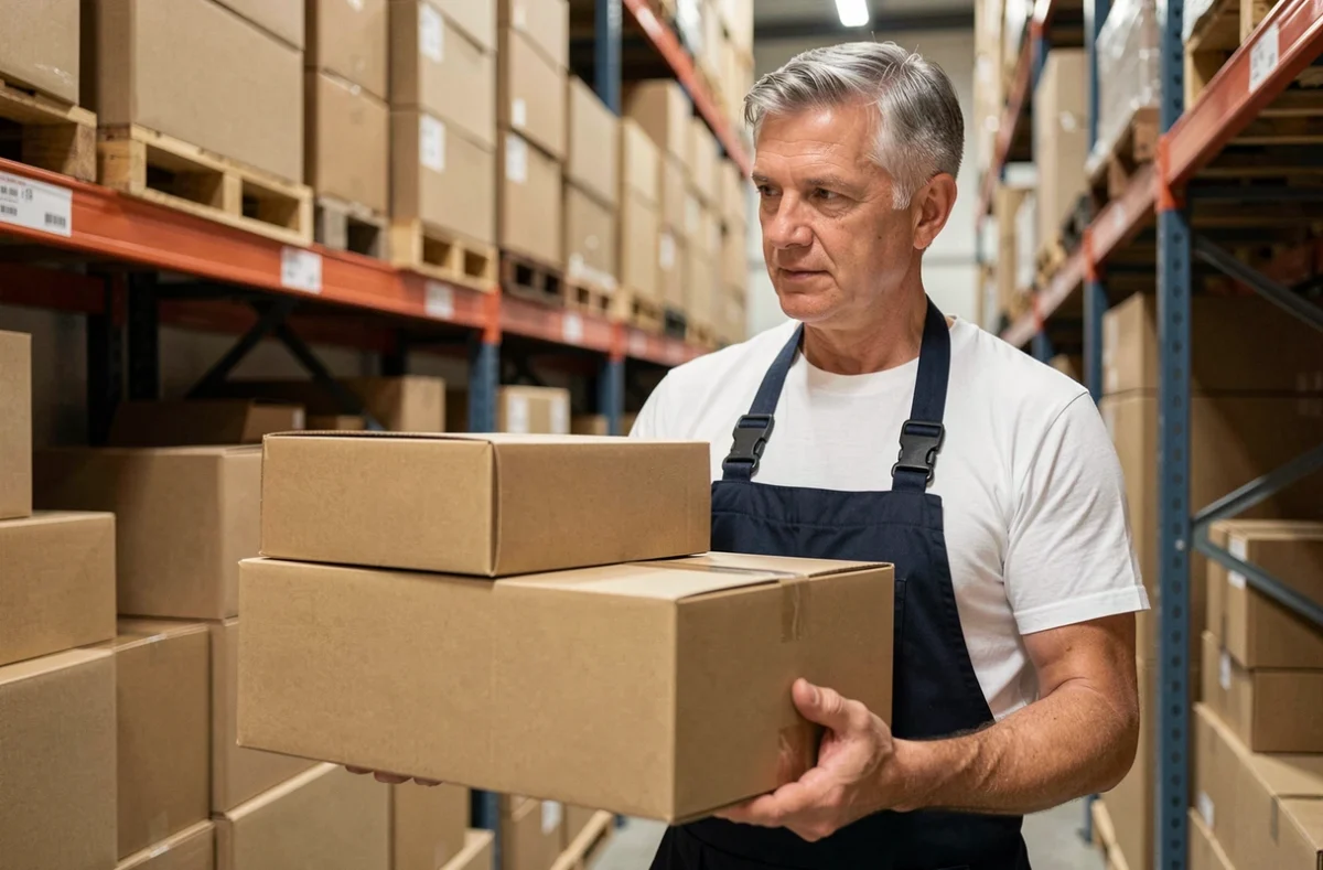Homme en entrepôt comparant deux cartons d'épaisseurs différentes pour choisir le bon emballage