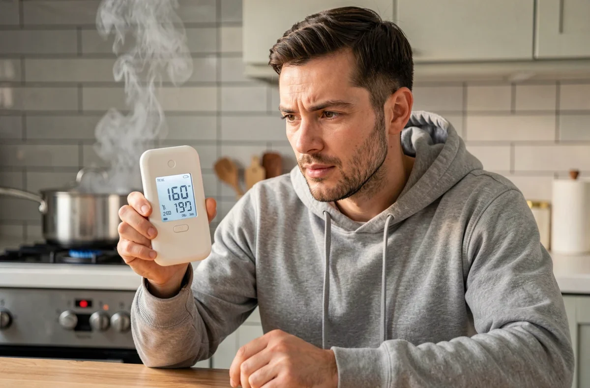 Homme mesurant le taux d'humidité avec un hygromètre numérique dans une cuisine moderne