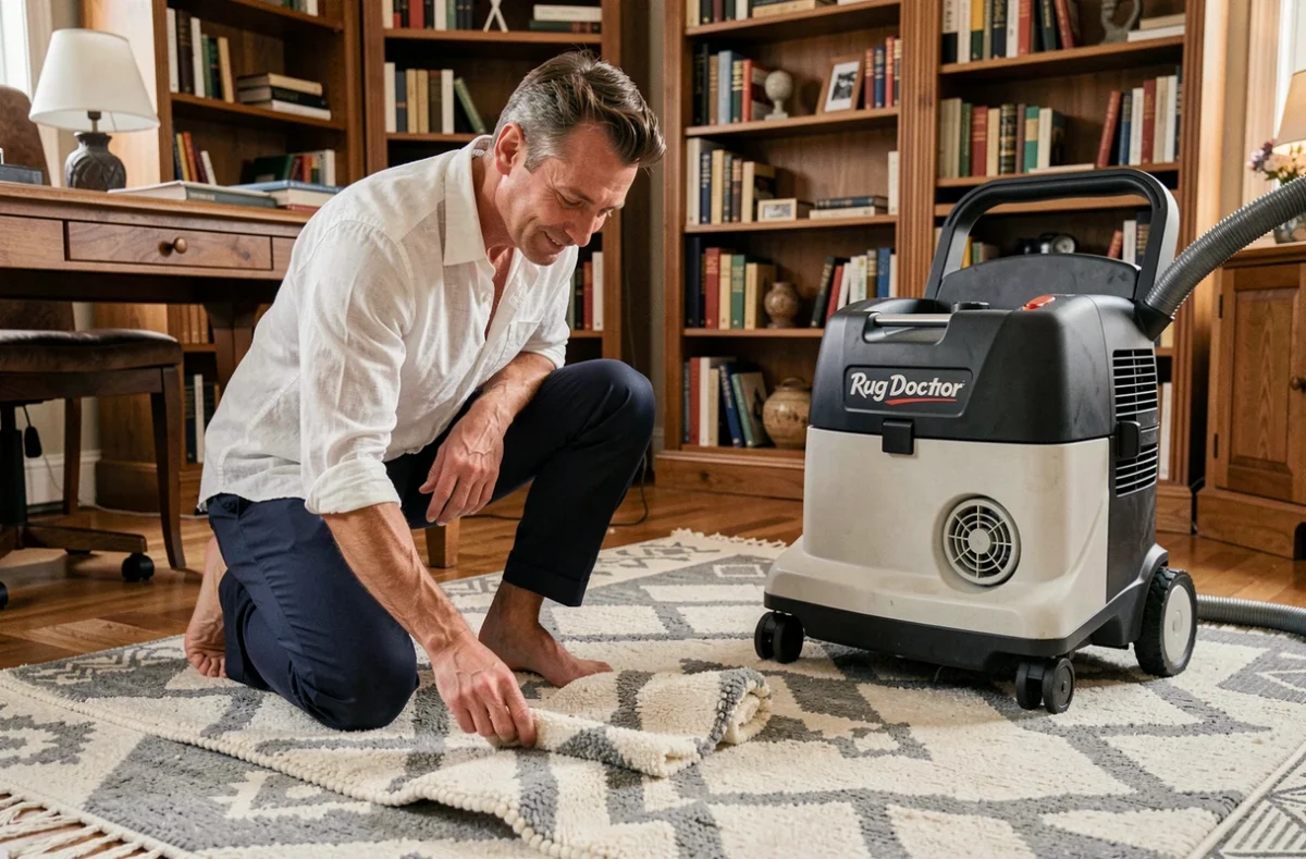 Homme inspectant un tapis berbère géométrique après nettoyage avec une machine Rug Doctor