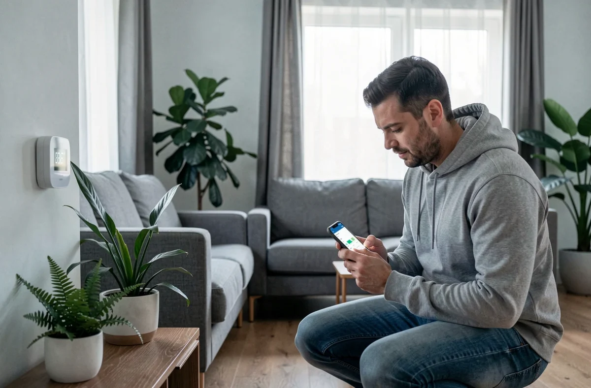 Homme réglant un thermostat connecté pour optimiser la consommation électrique de son logement