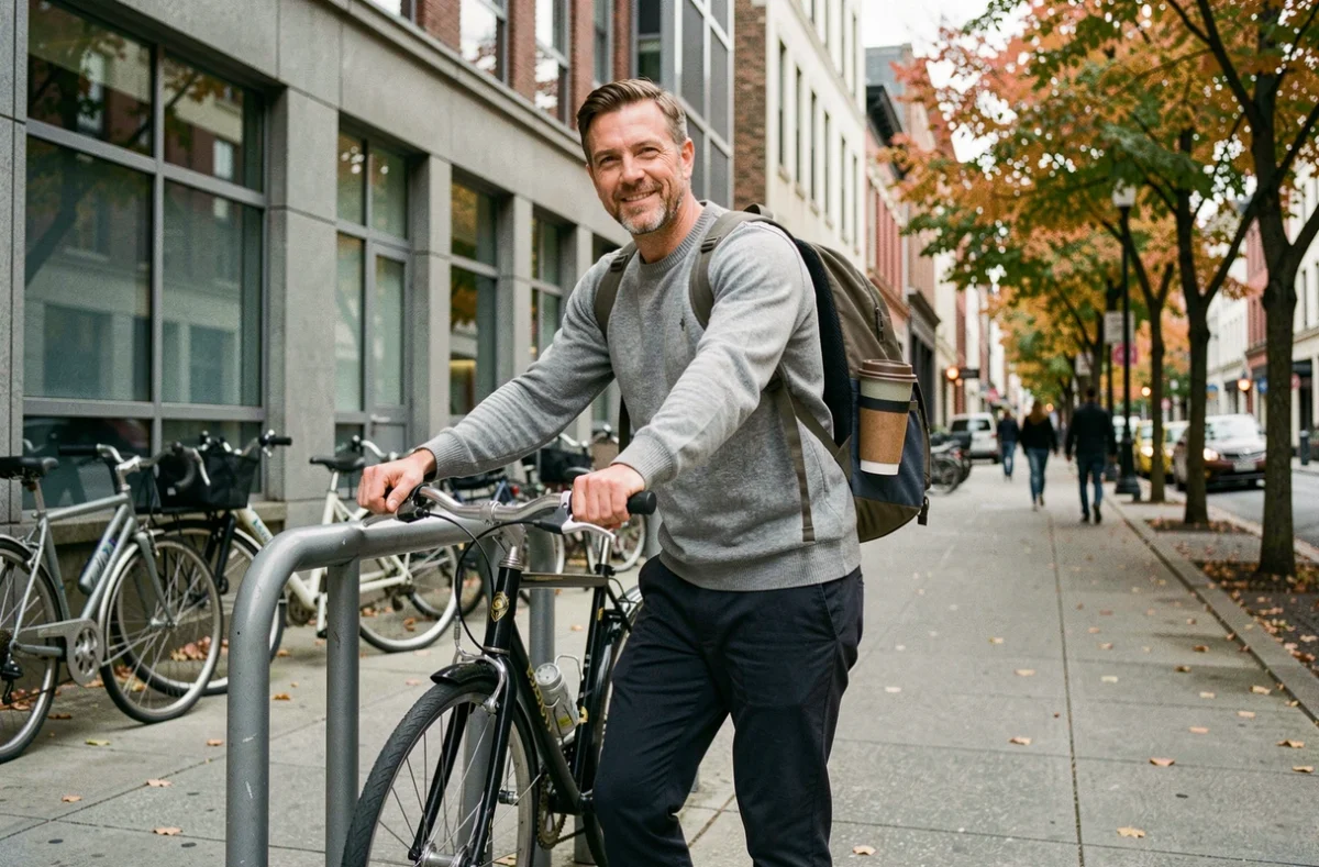 Homme attachant son vélo devant un immeuble de bureaux en ville comme alternative à la voiture pour réduire son empreinte carbone