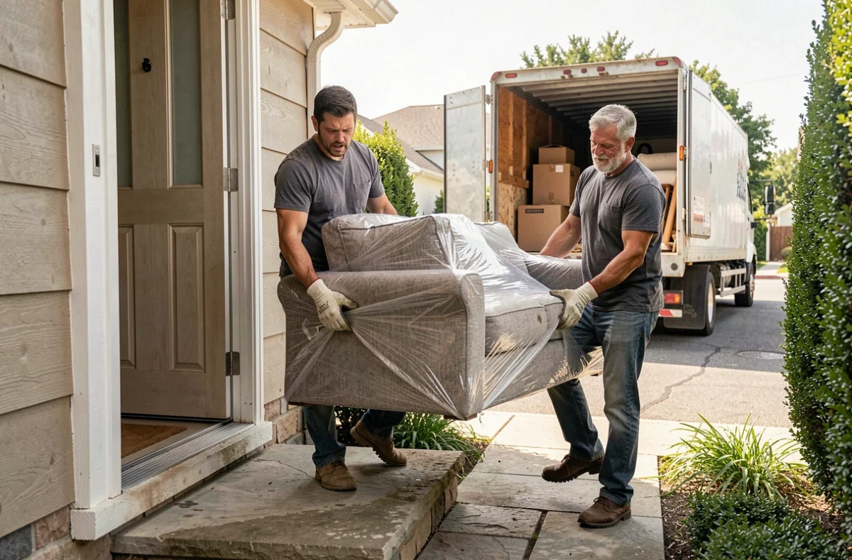 Deux hommes portant un canapé hors d'une maison vers un camion de déménagement