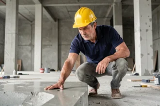 Ingénieur en structure inspectant la résistance d'une dalle de béton dans un entrepôt industriel