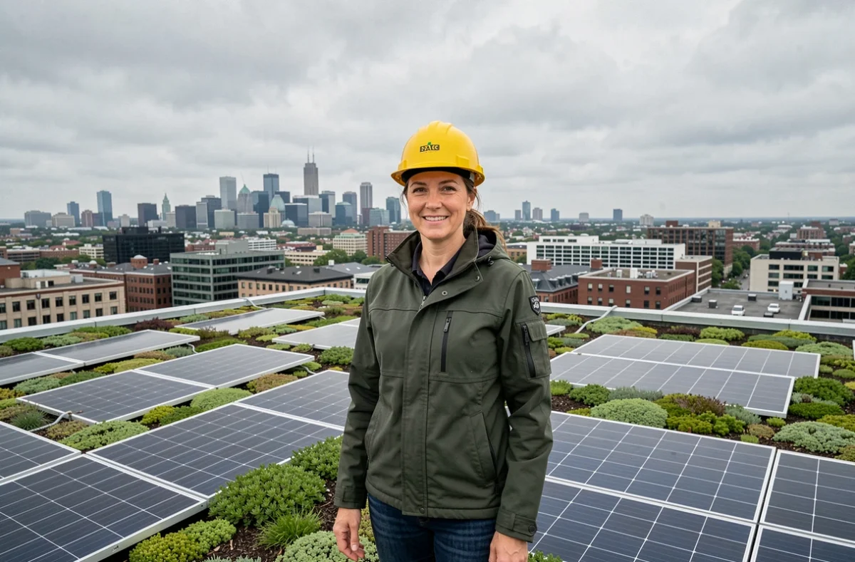 Ingénieure inspectant un toit végétalisé avec panneaux solaires pour améliorer l'efficacité énergétique d'un immeuble