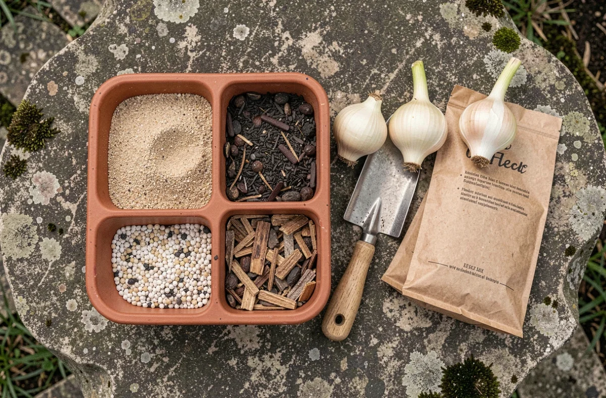 Vue du dessus des ingrédients pour préparer le terreau idéal pour lys : sable, perlite, compost et bulbes