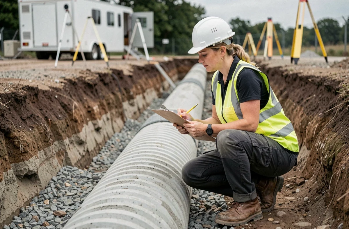 Ingénieure de chantier inspectant une canalisation en béton posée dans une tranchée avec gravier de calage