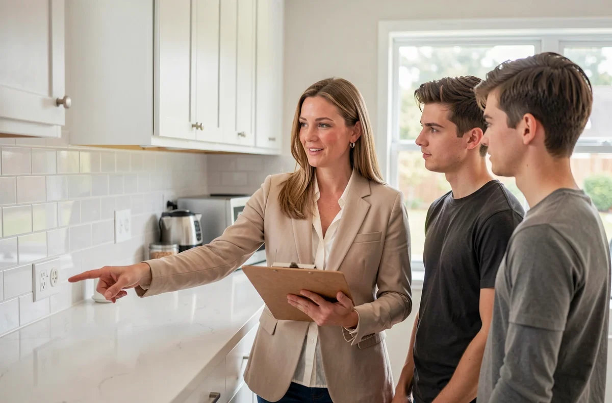 Inspectrice en bâtiment expliquant la conformité d'une prise électrique dans une cuisine moderne à un couple de propriétaires