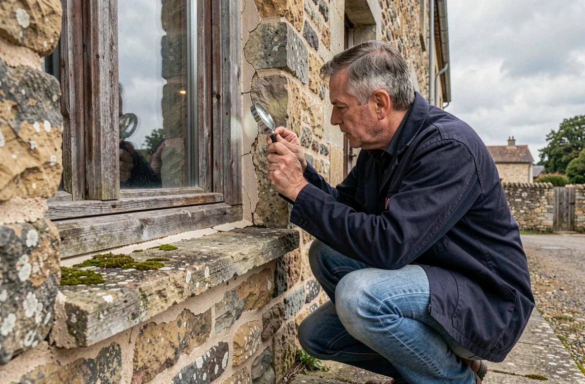 Artisan inspectant l'étanchéité et le joint d'encadrement d'une fenêtre en bois ancienne