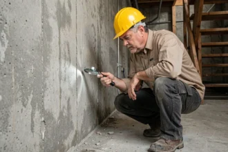 Inspecteur en bâtiment examinant une fissure dans les fondations en béton d'une maison