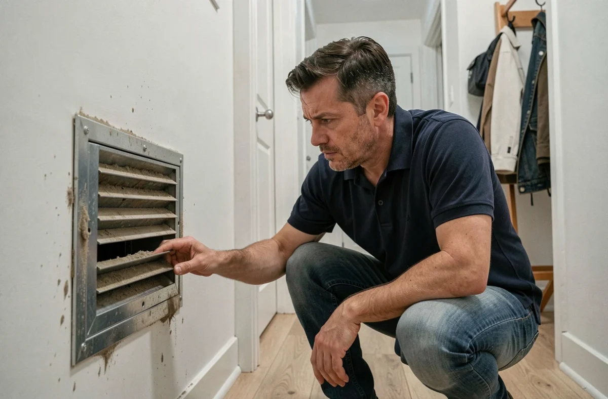 Homme inspectant une grille de ventilation poussiéreuse dans un couloir résidentiel