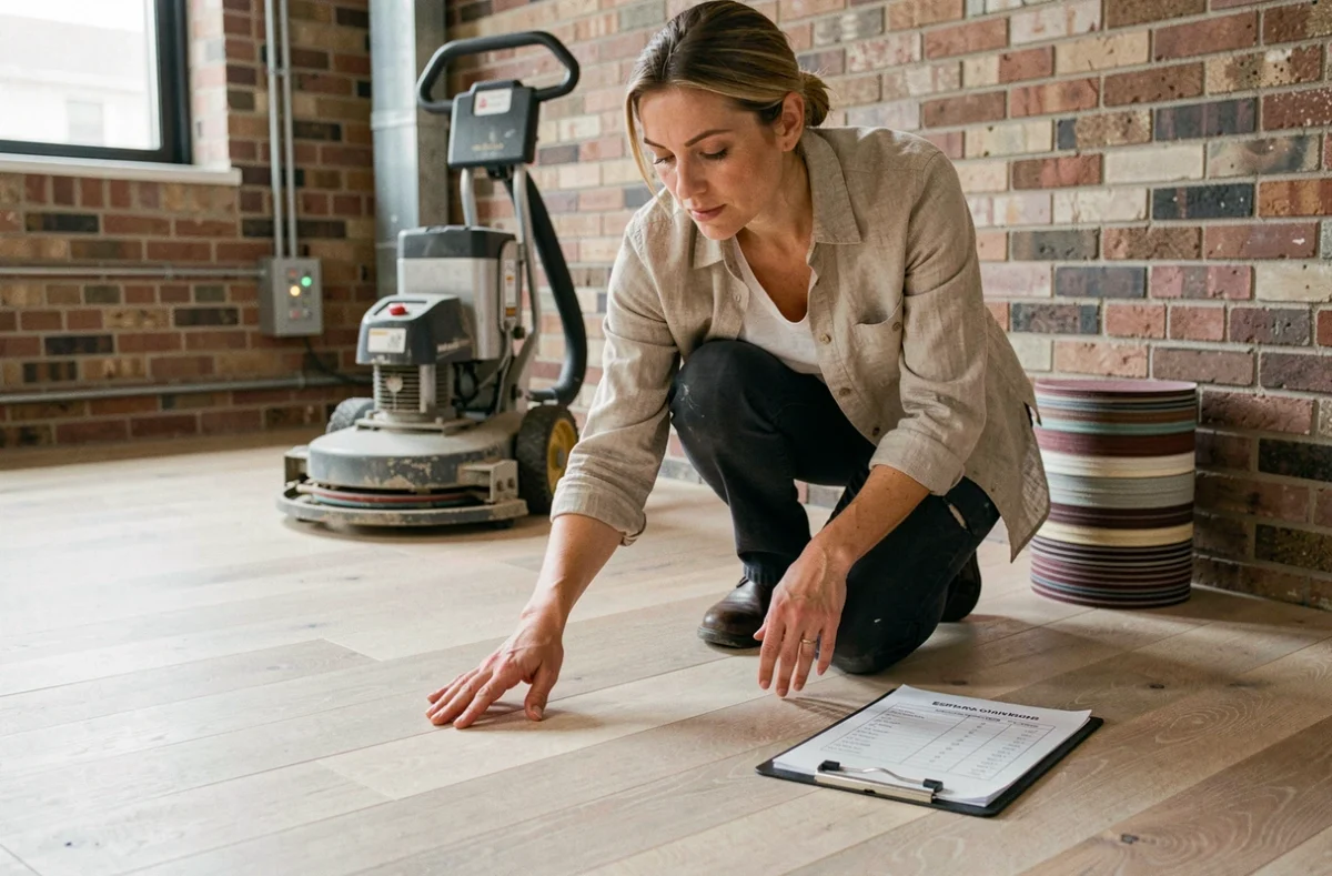 Chef de projet inspecte un parquet en frêne poncé dans un loft rénové avec devis de ponçage