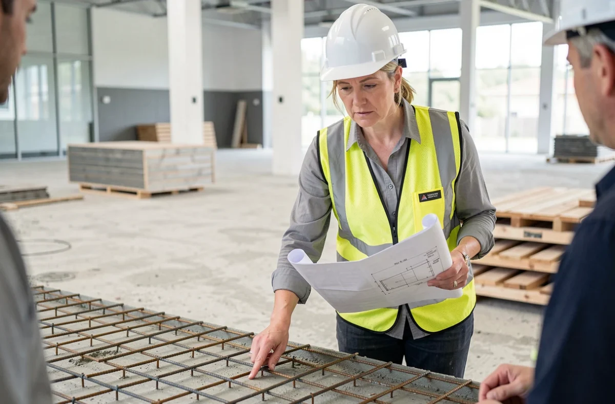 Inspectrice en bâtiment examinant un plancher en béton armé sur un chantier de construction commerciale
