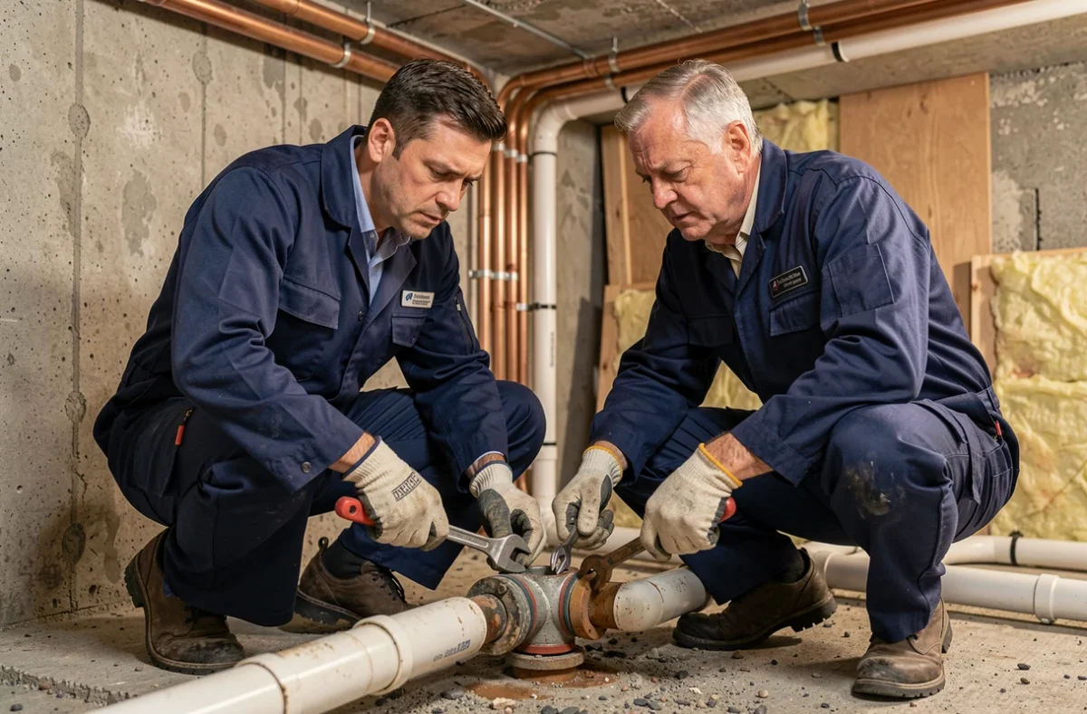 Deux plombiers connectant des tuyaux de drainage dans une cave lors de l'installation d'une canalisation intérieure