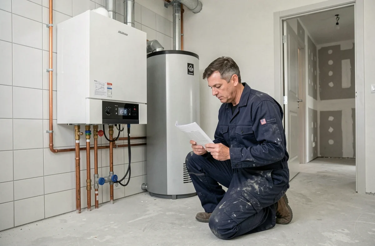 Technicien installant une chaudière à condensation et une pompe à chaleur dans une maison neuve