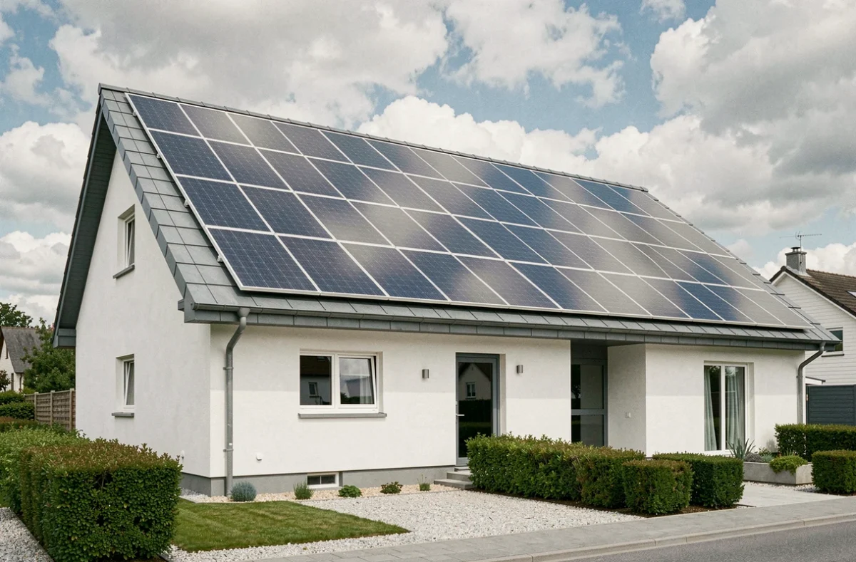 Vue grand angle d'une maison individuelle moderne équipée d'une grande installation de panneaux solaires photovoltaïques couvrant la totalité du toit