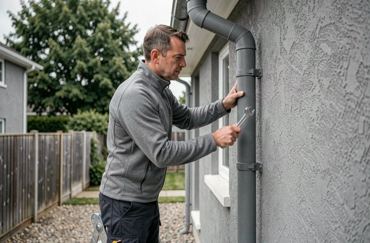 Homme installant un récupérateur d'eau de pluie sur une gouttière de maison