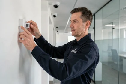 Technicien en sécurité installant un détecteur de mouvement dans un immeuble de bureaux moderne