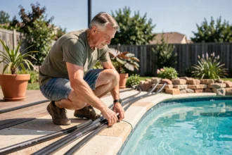 Homme installant des tuyaux solaires noirs pour chauffer une piscine dans un jardin résidentiel