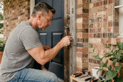 Homme installant un verrou de sécurité sur une porte d'entrée en bois bleu marine pour sécuriser sa maison à moindre coût