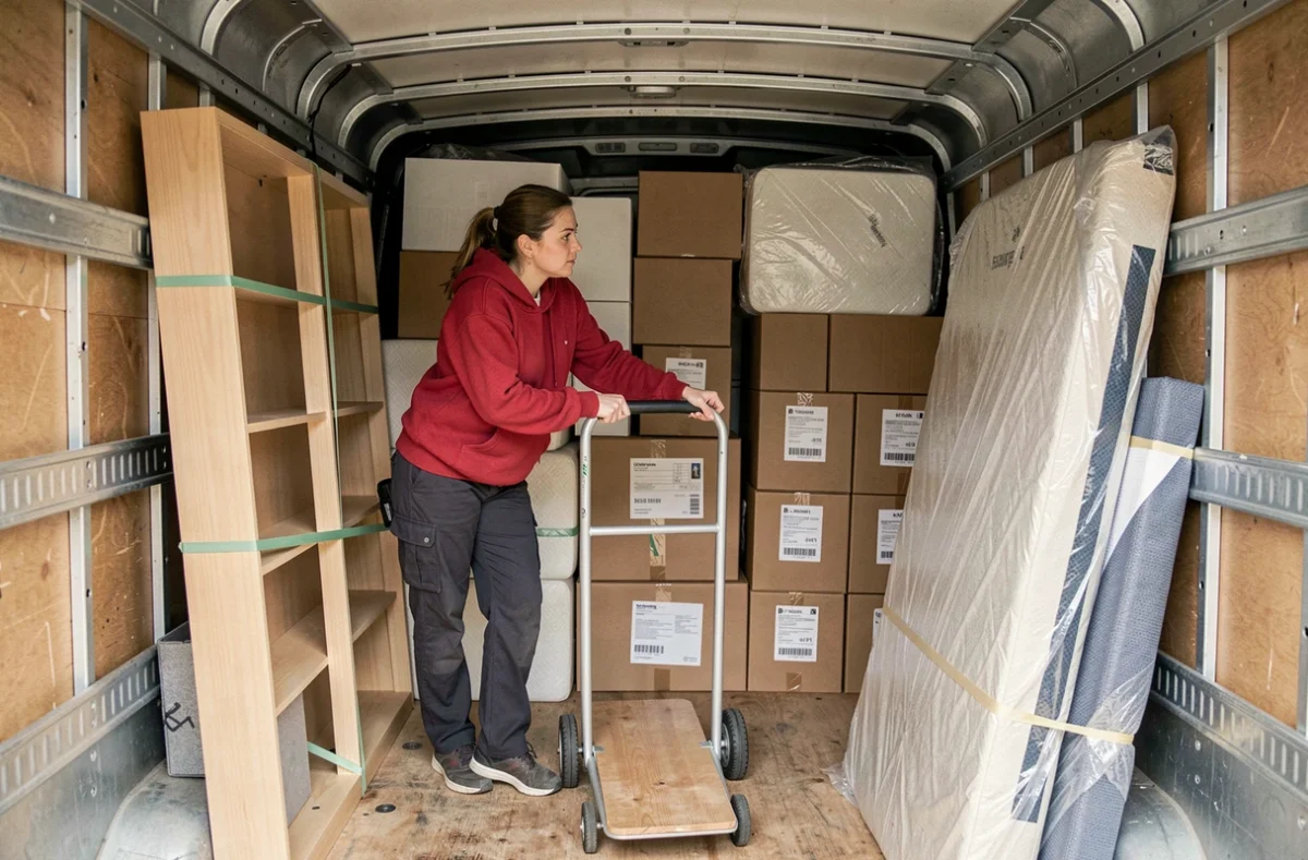 Intérieur d'un camion de déménagement bien organisé avec cartons et meubles emballés pour un appartement de 50m2