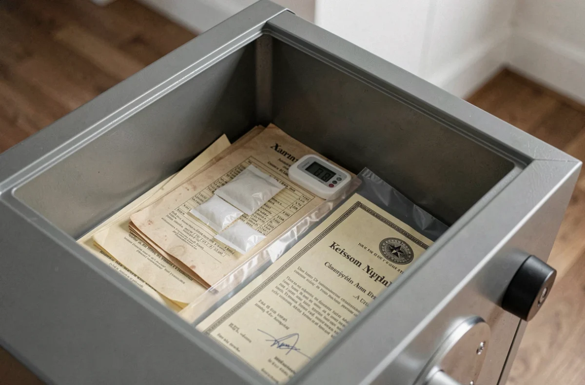 Intérieur d'un coffre-fort avec sachets de silice et hygromètre pour prévenir les moisissures sur les papiers