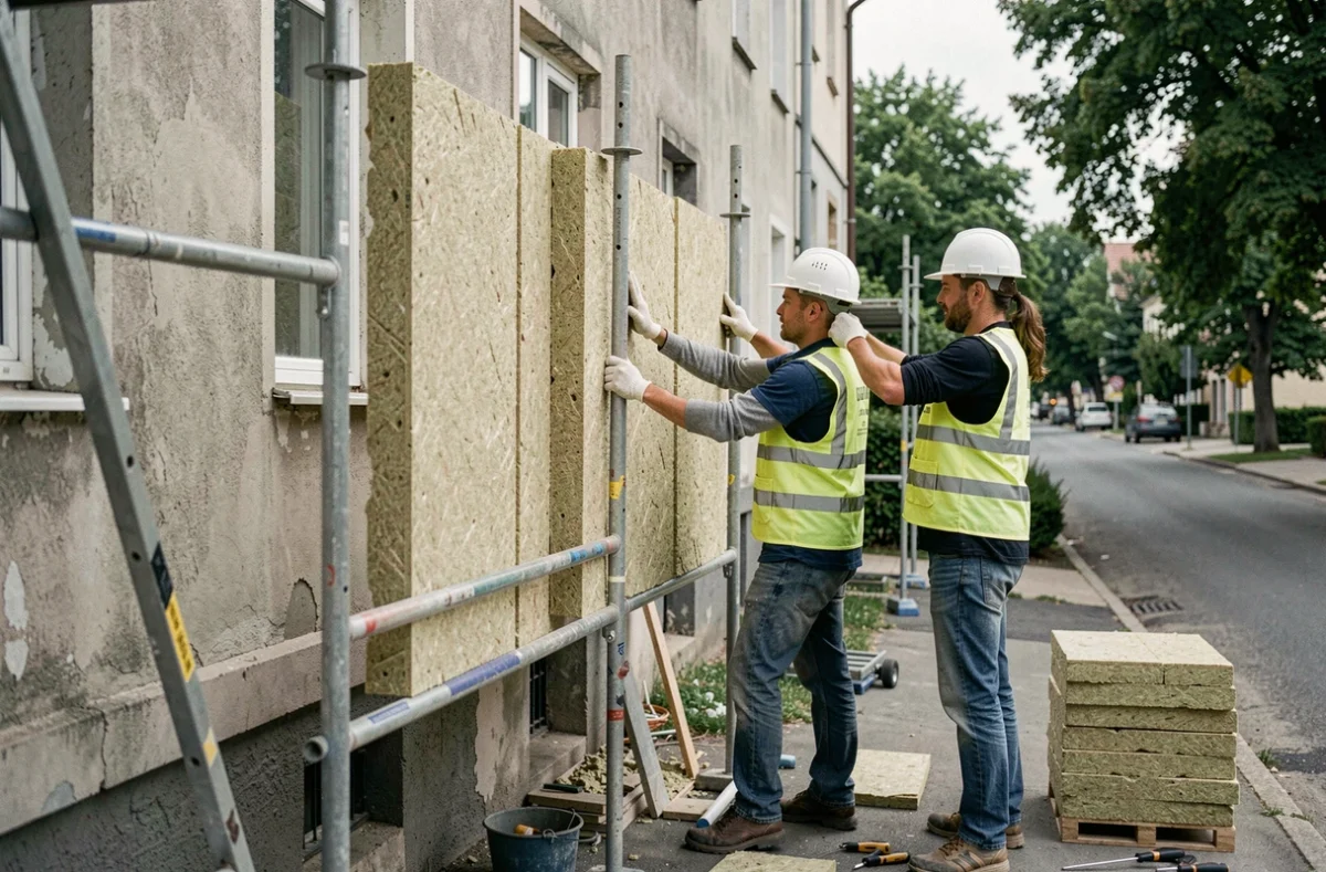 Ouvriers posant une isolation thermique extérieure sur la façade d'un bâtiment résidentiel pour réduire les pertes énergétiques