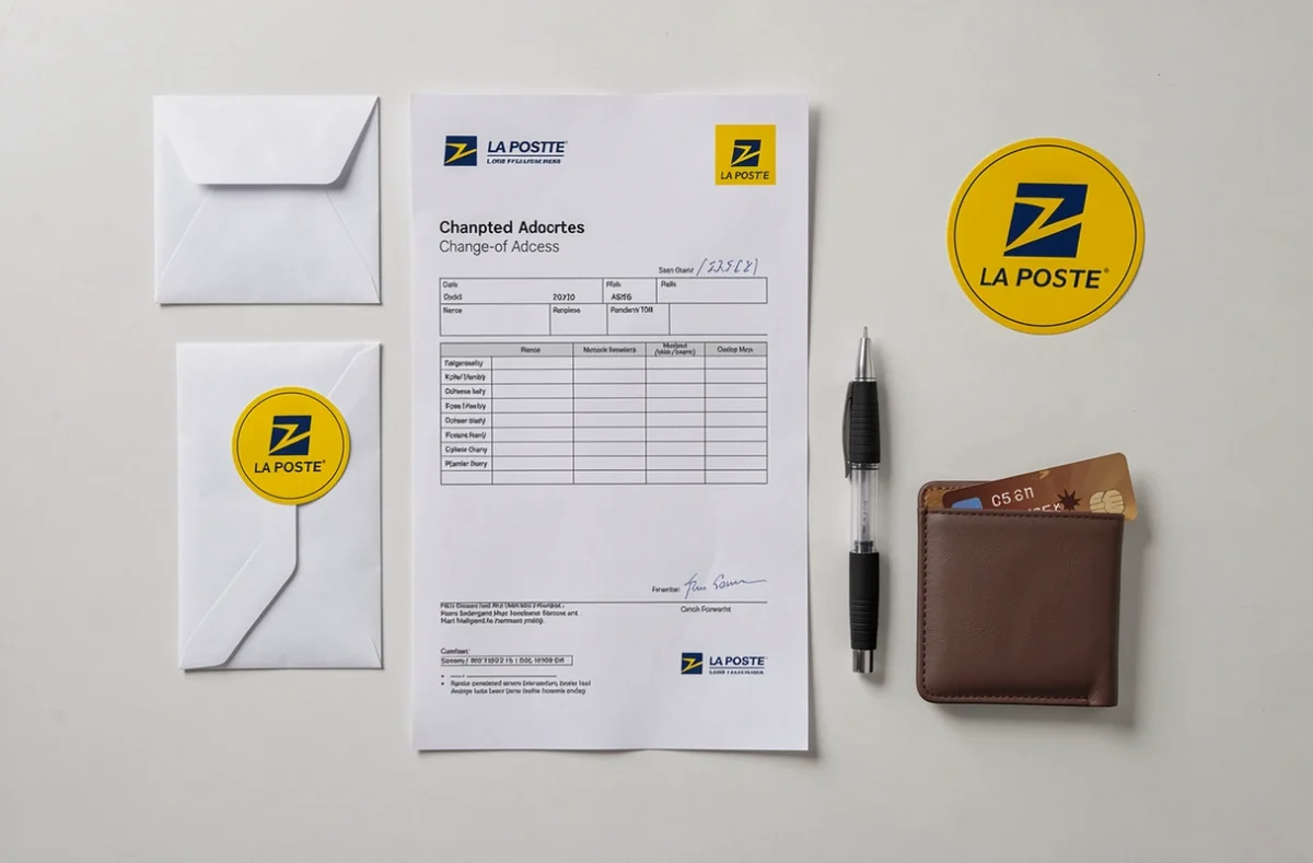 Vue du dessus d'un formulaire de suivi de courrier La Poste avec enveloppes, stylo et carte bancaire sur une table blanche