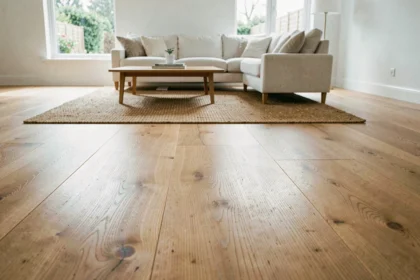 Parquet en chêne à larges lames d'environ 180 mm dans un salon scandinave minimaliste, mettant en valeur le grain naturel du bois et la largeur des lames