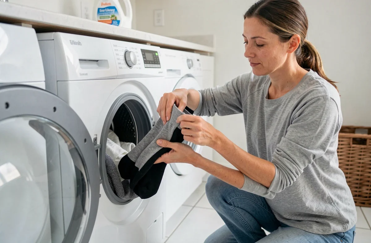 Femme rangeant des chaussettes de sport épaisses dans un lave-linge, illustrant la routine d'entretien et la fréquence de lavage recommandée