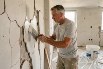 Artisan appliquant de l'enduit de lissage sur un mur très abîmé avec une spatule large lors de travaux de rénovation intérieure