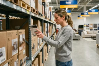 Femme comparant des meubles en kit dans un grand magasin de décoration scandinave style JYSK ou IKEA