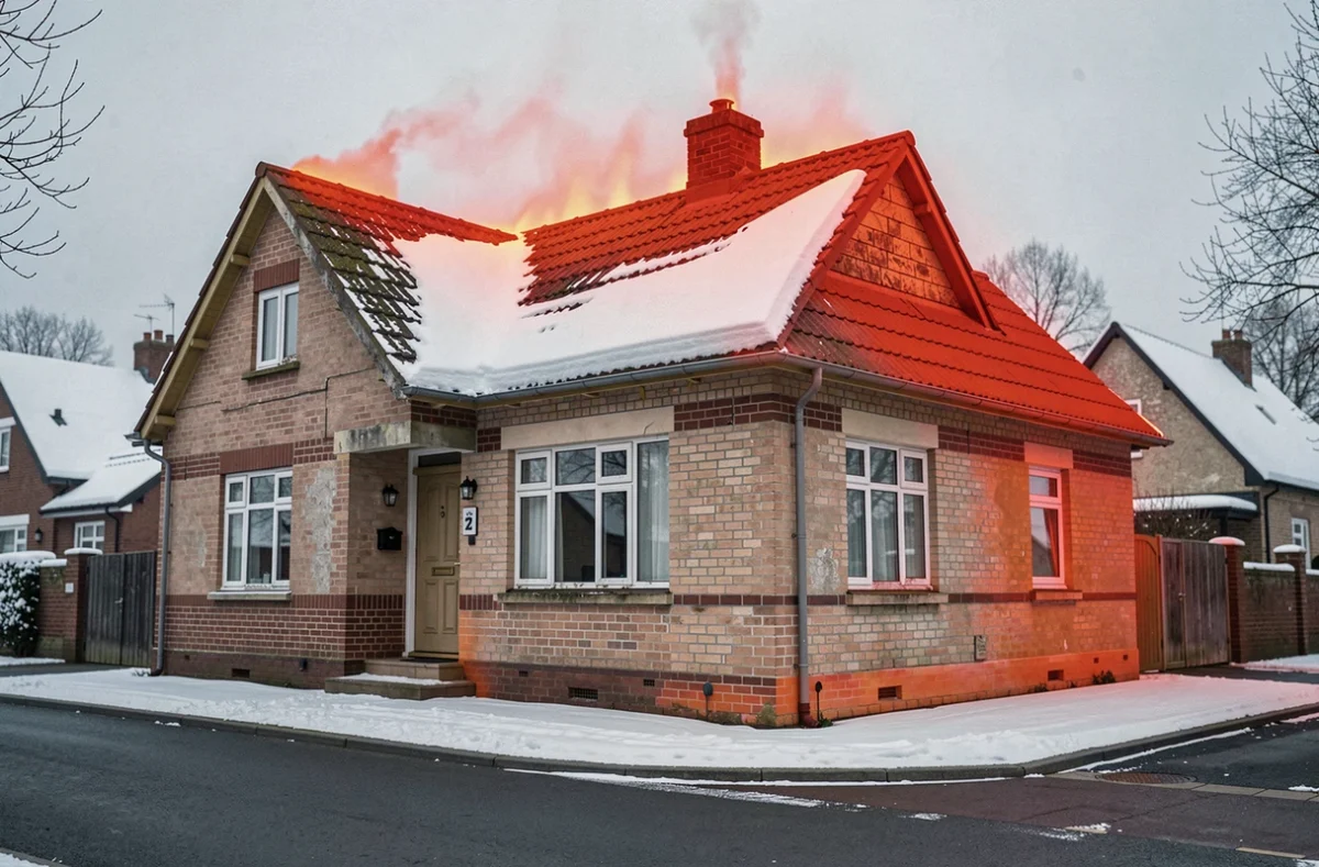 Vue extérieure d'une maison ancienne sans isolation avec déperdition thermique visible sur le toit enneigé en hiver