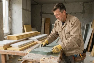 Ouvrier du bâtiment tenant un panneau d'aérogel isolant sur un chantier de rénovation, comparant différents matériaux isolants à épaisseur égale