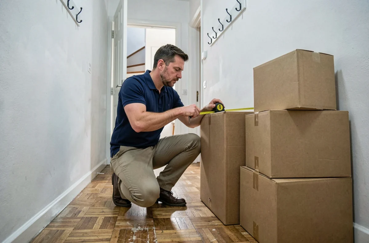 Homme mesurant des cartons de déménagement avec un mètre ruban dans un couloir d'appartement